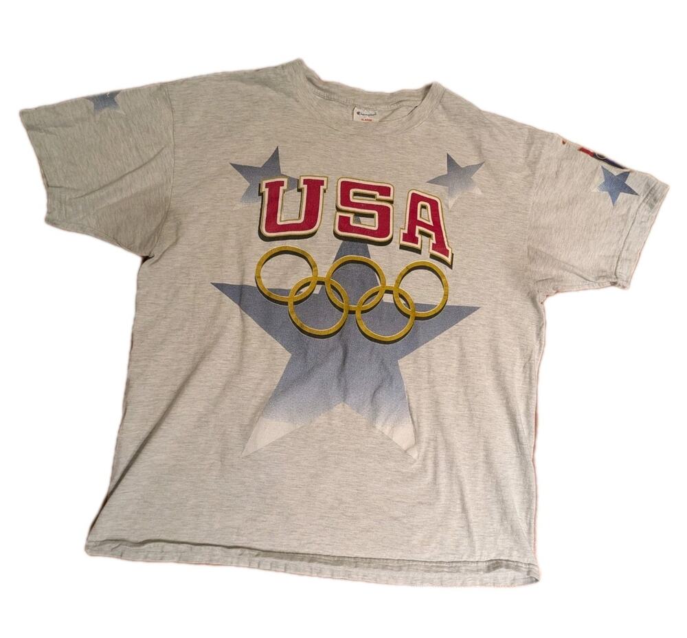 Vintage Champion USA Olympic Rings T Shirt Mens XL Gray Graphic Logo Made USA